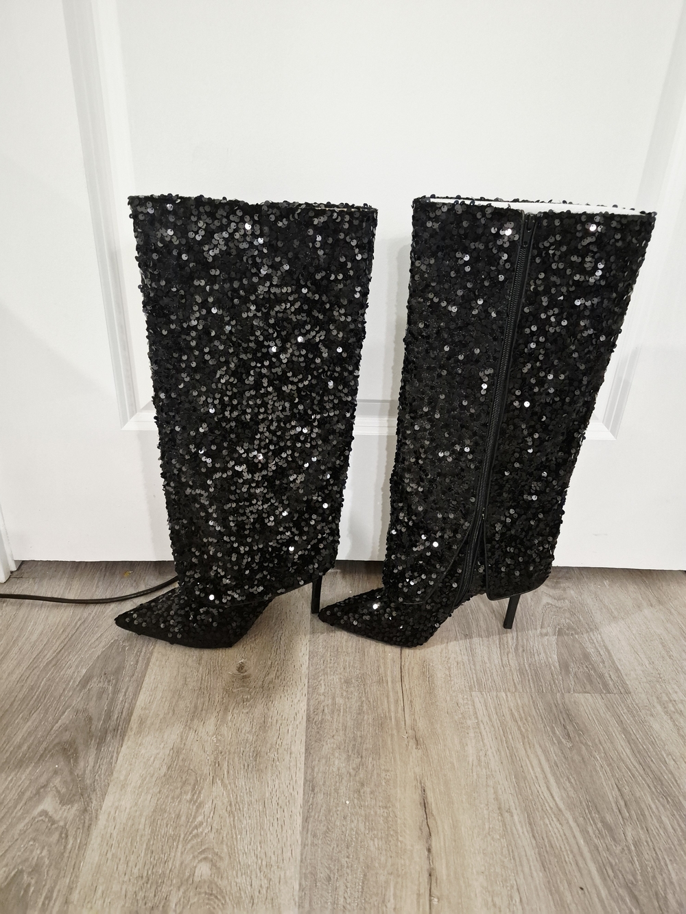 INC International Concepts Black Sequin Knee-High Pointed-Toe Stiletto Boots 9.5